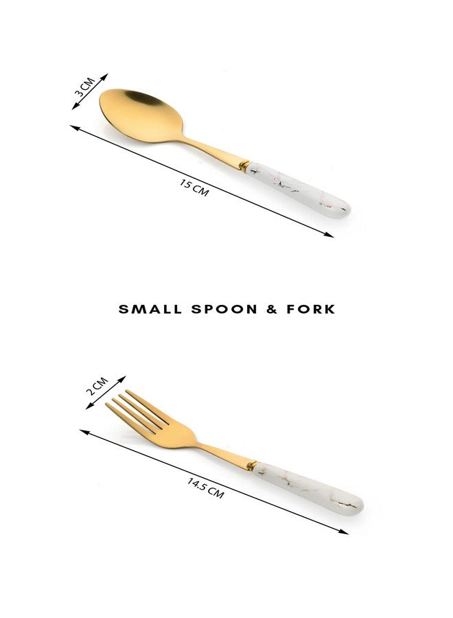 MGeezz Golden Stainless Steel Spoons & Forks Set Kitchen Restaurant Cutlery Dinner Table Bouillon Oval Edge with Ceramic Handle Tableware Fork (Golden 6 Small Forks - 14.5cm)(6 Small Spoon - 15 Cm) - Image 2